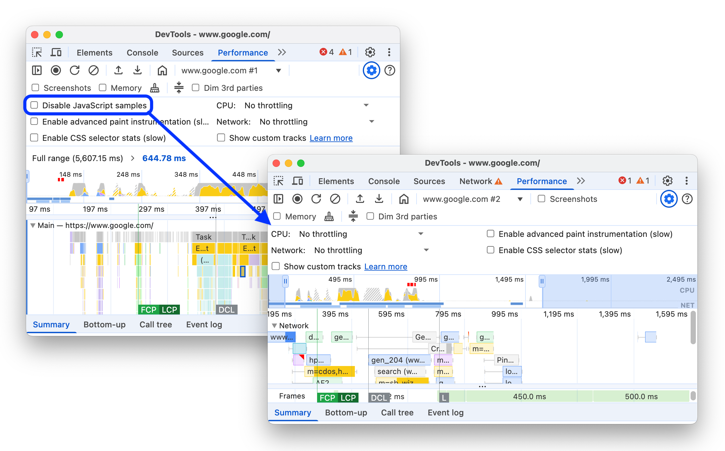 Antes e depois de remover a opção &quot;Desativar exemplos JavaScript&quot; das &quot;Configurações de captura&quot;.