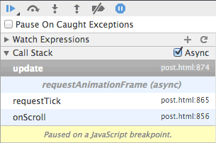 Im Beispiel für requestAnimationFrame festgelegter Haltepunkt mit asynchronen Aufrufstapeln