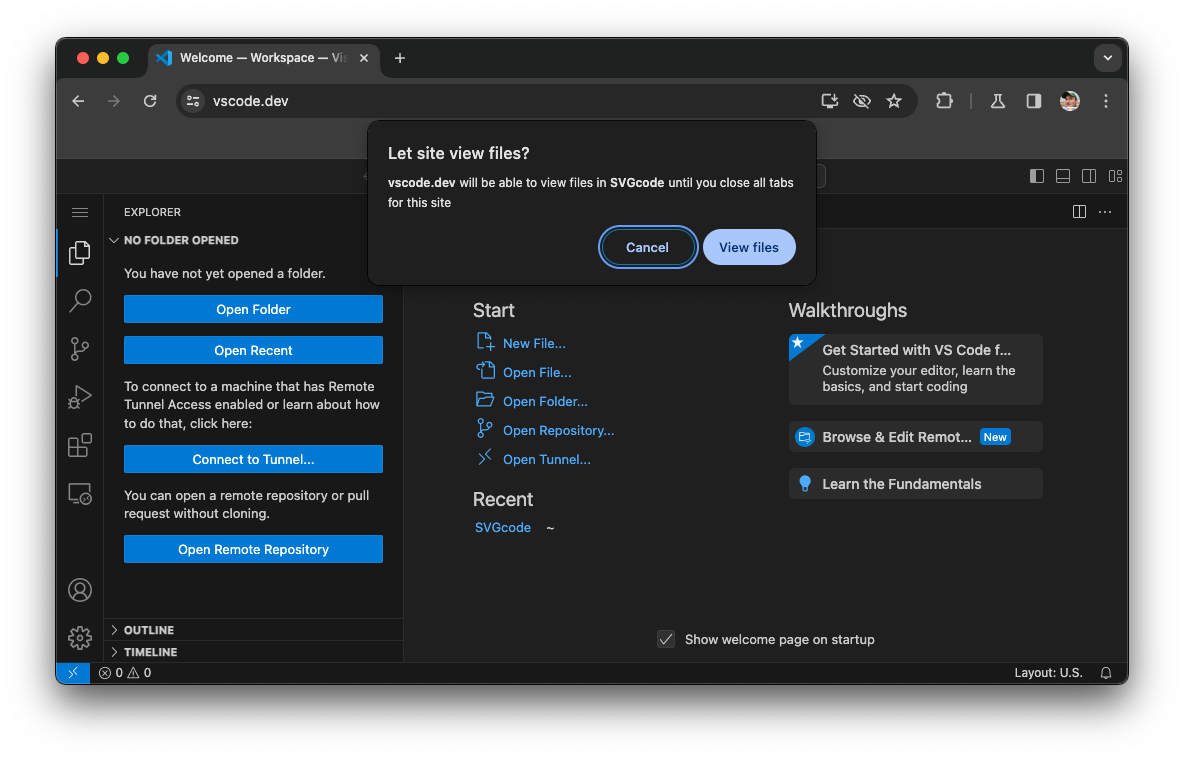 रीफ़्रेश करने के बाद, Visual Studio Code में बदलाव करने का ऐक्सेस मांगा जा रहा है.