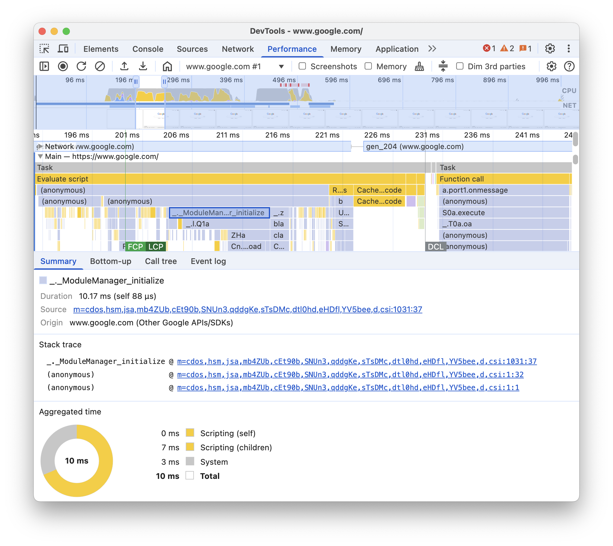 Ulteriori informazioni su un evento del thread principale nella scheda Riepilogo.