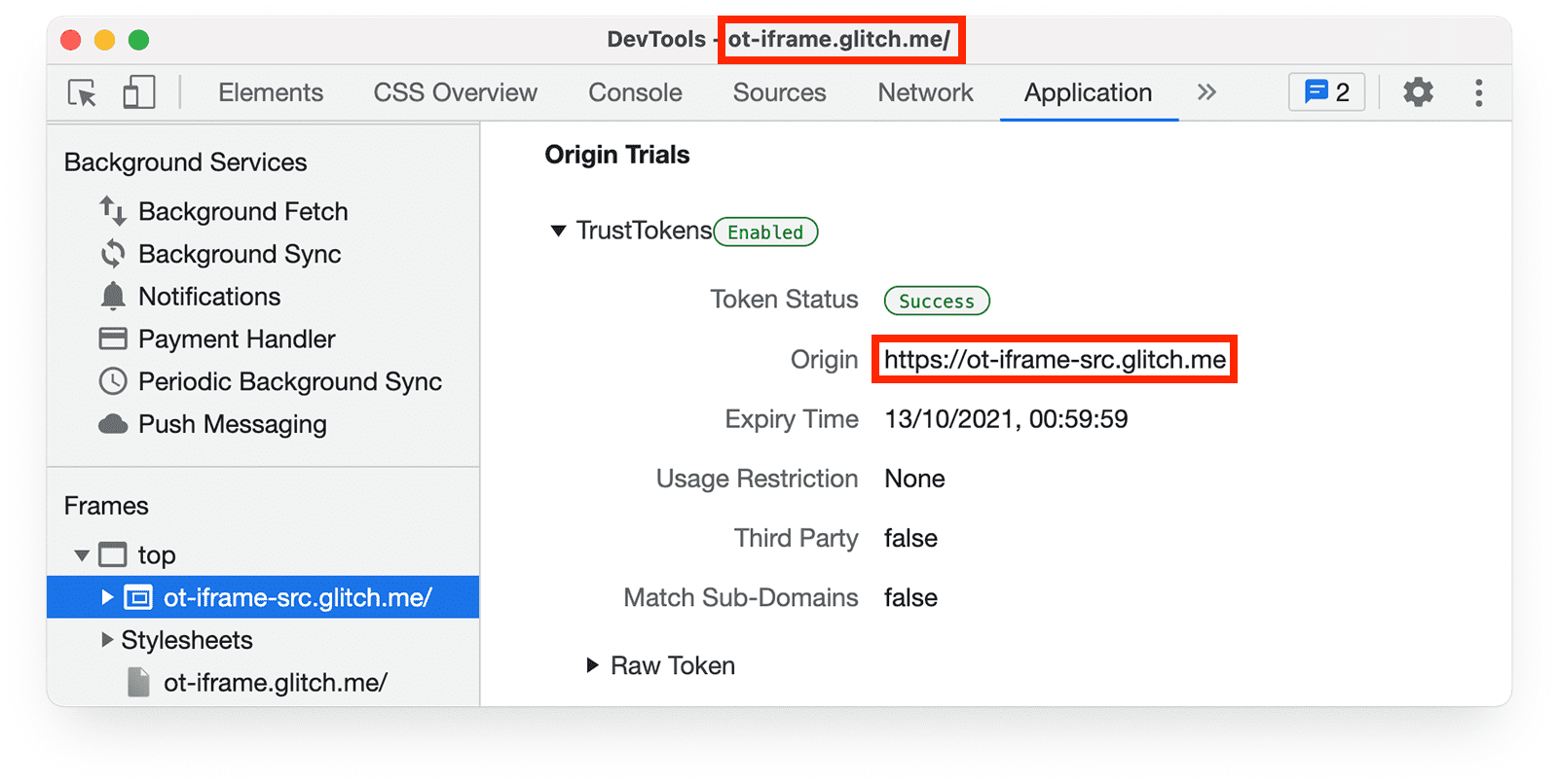 Chrome DevTools    پانل برنامه، نشان دادن نشانه های آزمایشی مبدا برای صفحه در iframe.