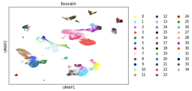 UMAP visualization showing approximately 70,000 cells grouped into 35 clusters.