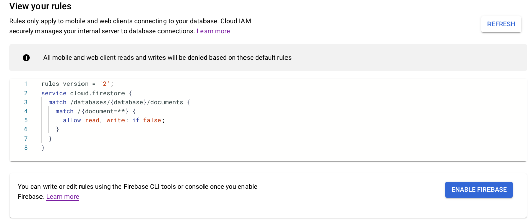Se o Firebase não estiver ativado no seu projeto, é apresentado o botão Ativar SDK do Firebase.