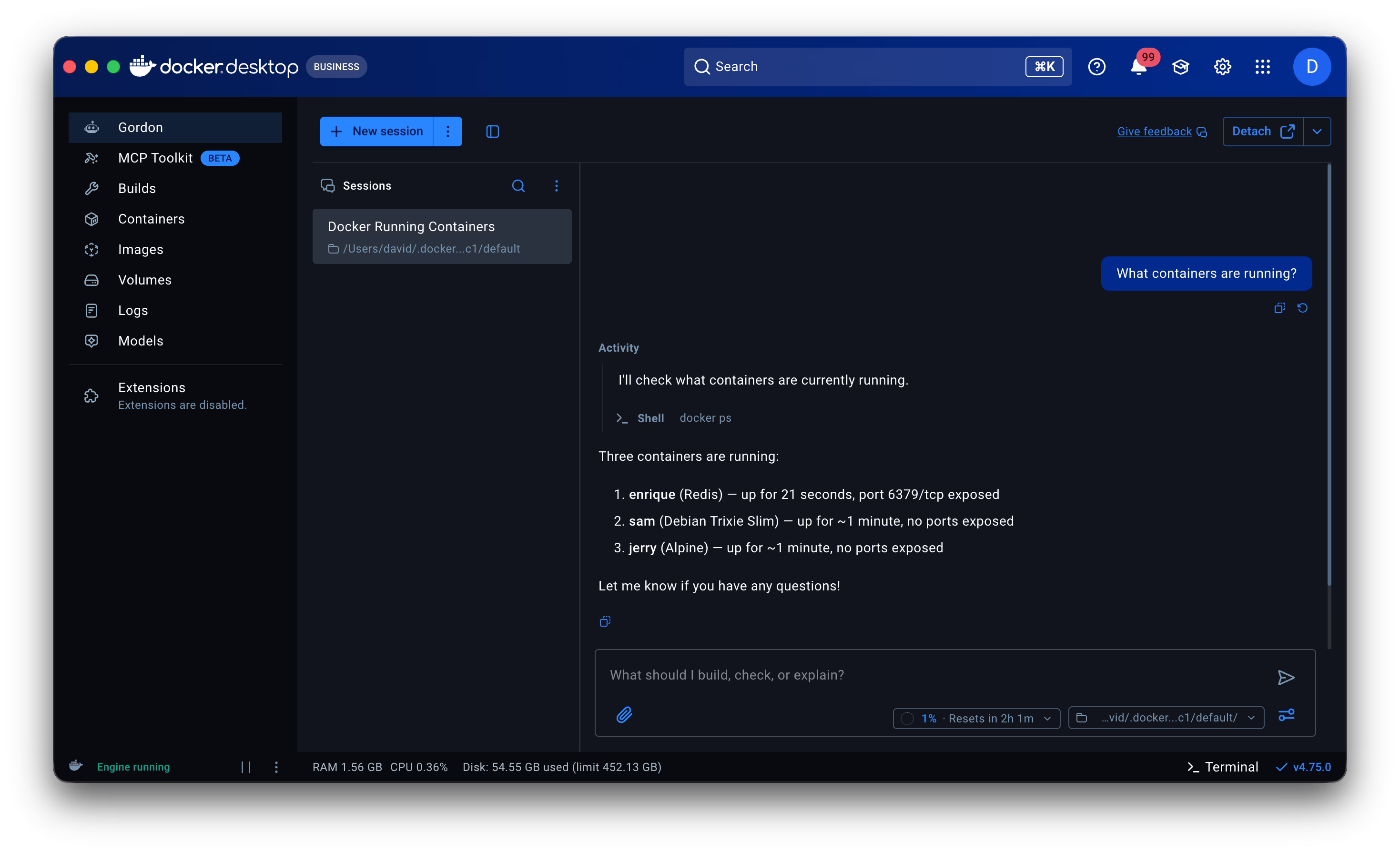 Gordon running in Docker Desktop