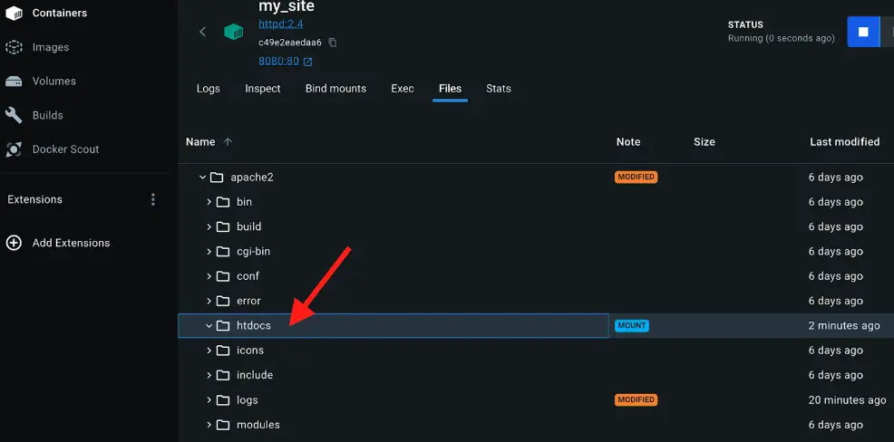 A screenshot of Docker Desktop Dashboard showing the deleted files inside the container