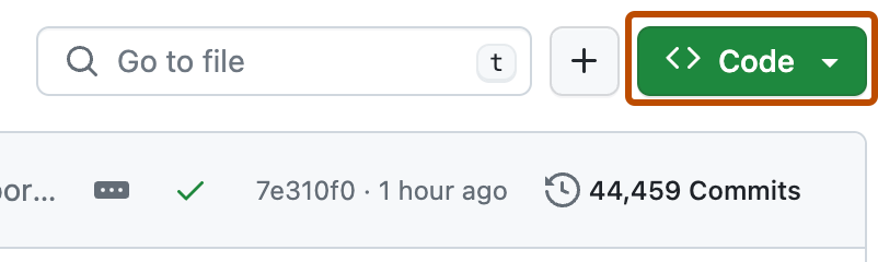 Capture d’écran de la liste des fichiers dans la page d’accueil d’un dépôt. Le bouton « Code » est mis en évidence avec un encadré orange foncé.