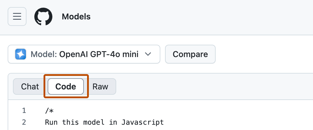 플레이그라운드 왼쪽 위에 진한 주황색 윤곽선으로 강조 표시된 'Code' 탭 단추의 스크린샷
