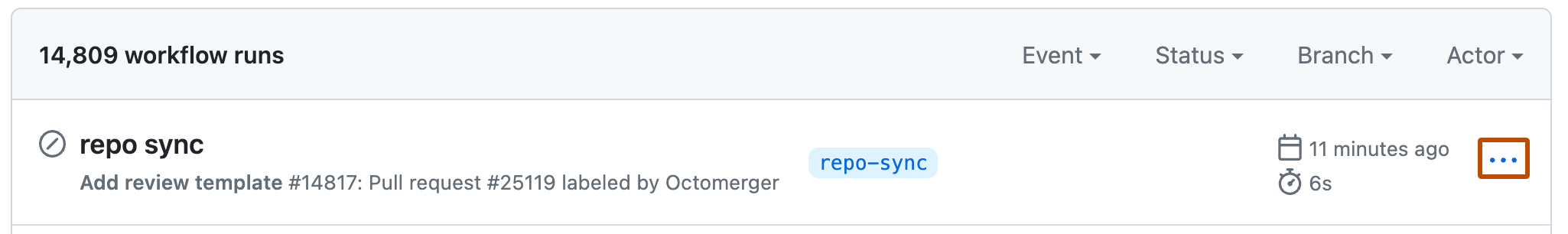 工作流运行列表的屏幕截图。 在运行右侧,三个水平点的图标以橙色边框突出显示。