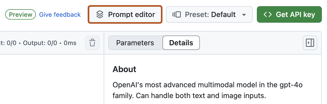 플레이그라운드 왼쪽 위에 진한 주황색 윤곽선으로 강조 표시된 'Prompt editor' 단추의 스크린샷