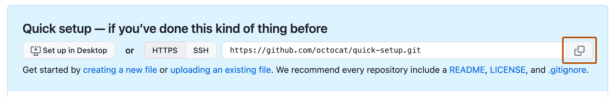 Capture d’écran de l’en-tête « Configuration rapide » dans un dépôt. À côté de l'URL distant, une icône représentant deux carrés superposés apparaît en orange.