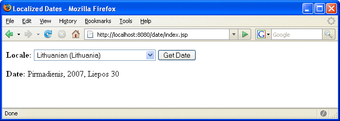 Screen capture of localized date form. Locale drop-down shows Lithuanian. Get Date button displays the date,