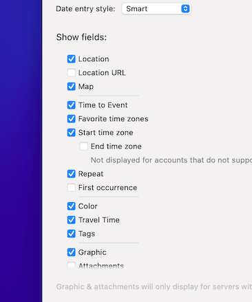 BusyCal for Mac info panel customization settings