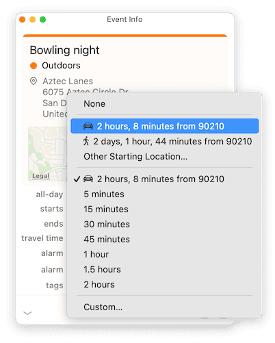 BusyCal for Mac travel time shown in the info panel