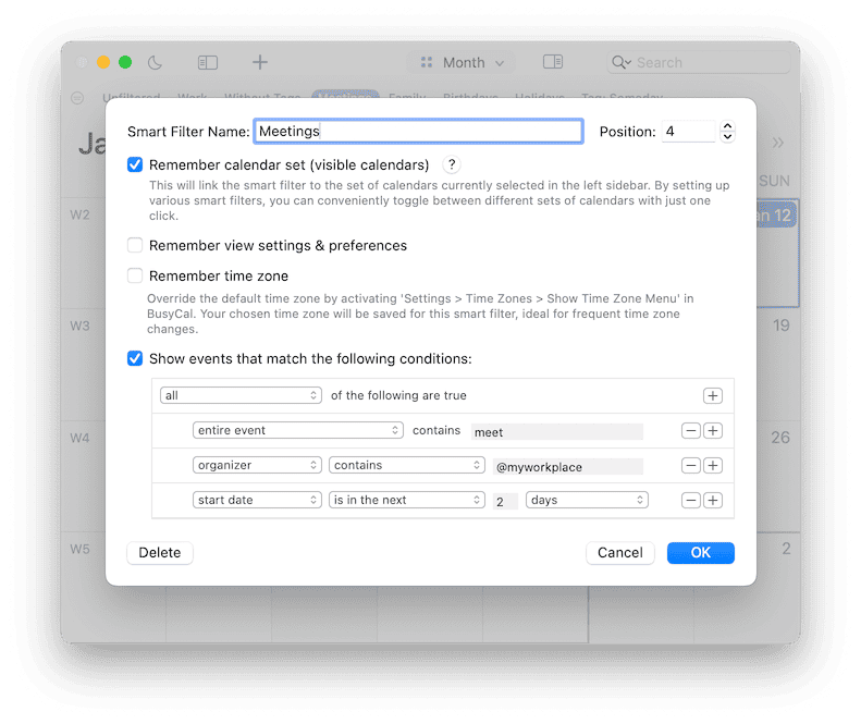 BusyCal for Mac smart filters and saved views
