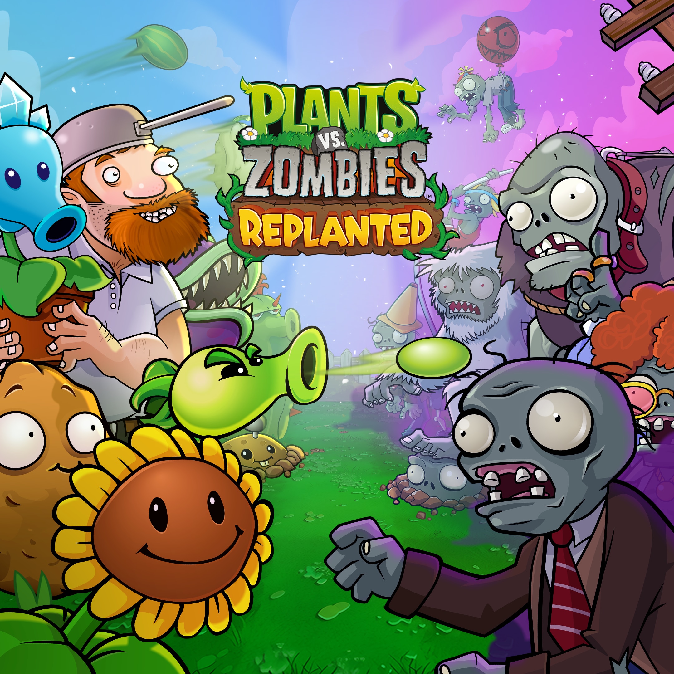 Key art of Plants vs Zombies: Replanted. It shows a man with plants like sunflowers facing quirky zombies, including one with an afro, against a split blue and pink background.
