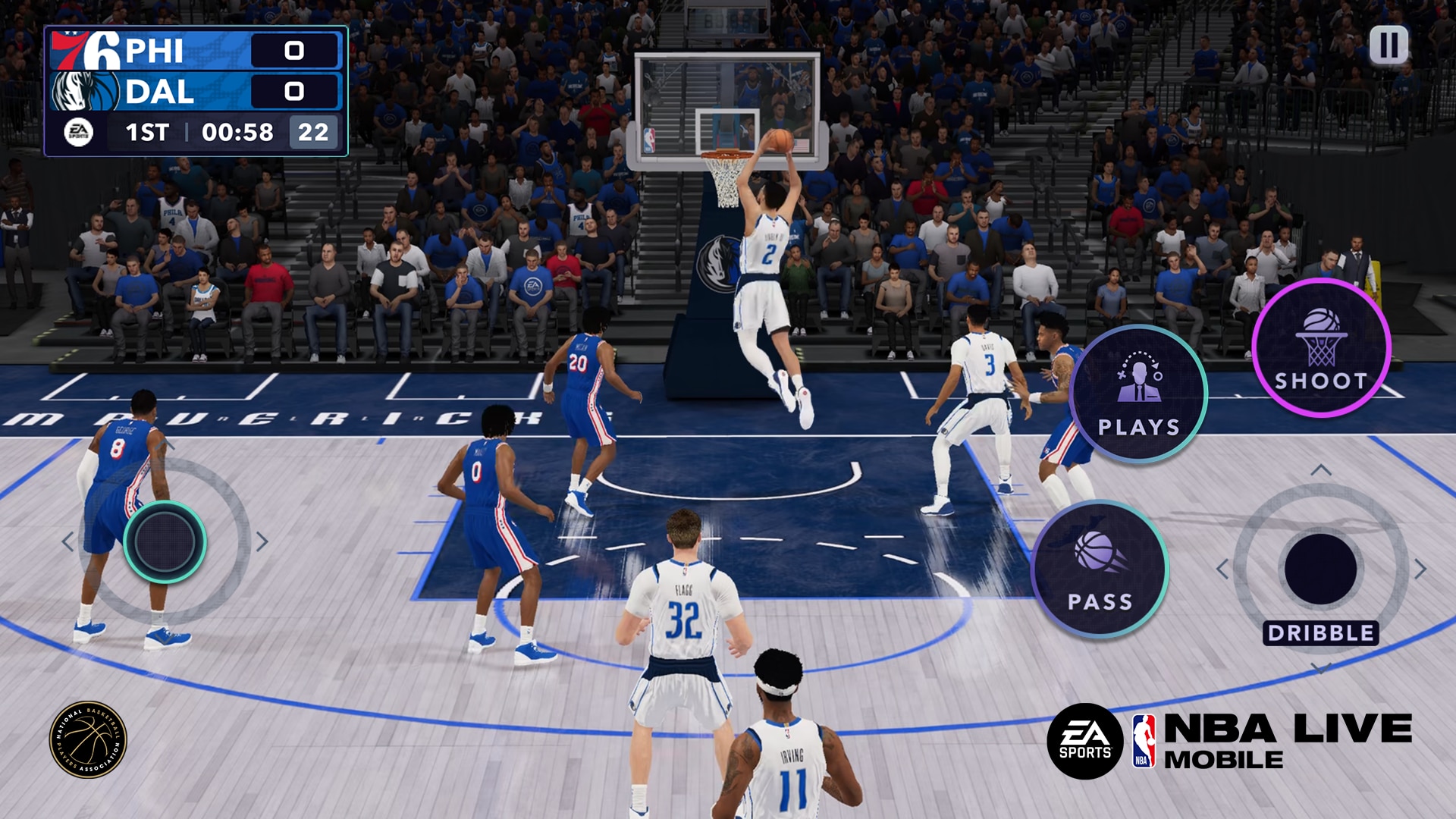 NBA Live Mobile gameplay featuring Dallas Mavericks against Philadelphia 76ers. A Mavericks player performs a dunk while controls for plays, shoot, pass, and dribble are visible, capturing high-energy basketball action on court.