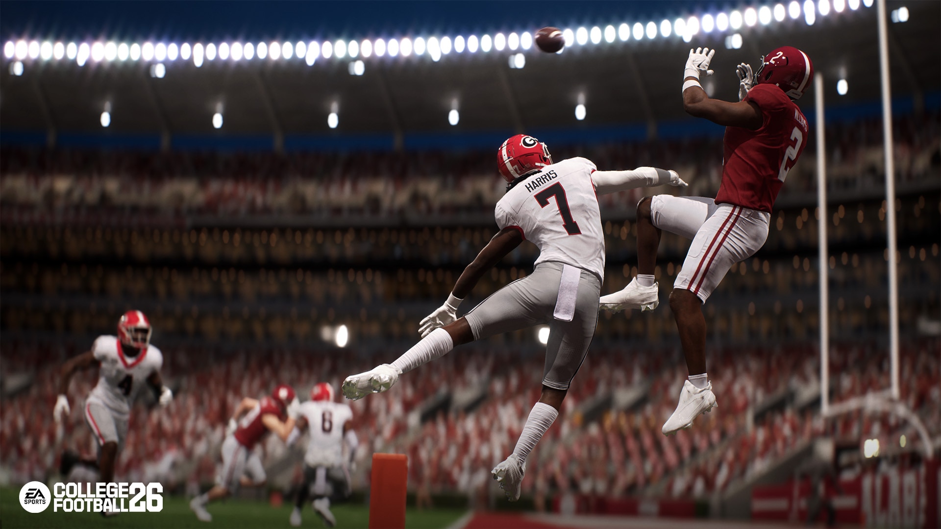 In game screenshot of College Football athlete Ryan Williams from the Alabama Crimson Tide catching the football mid-air