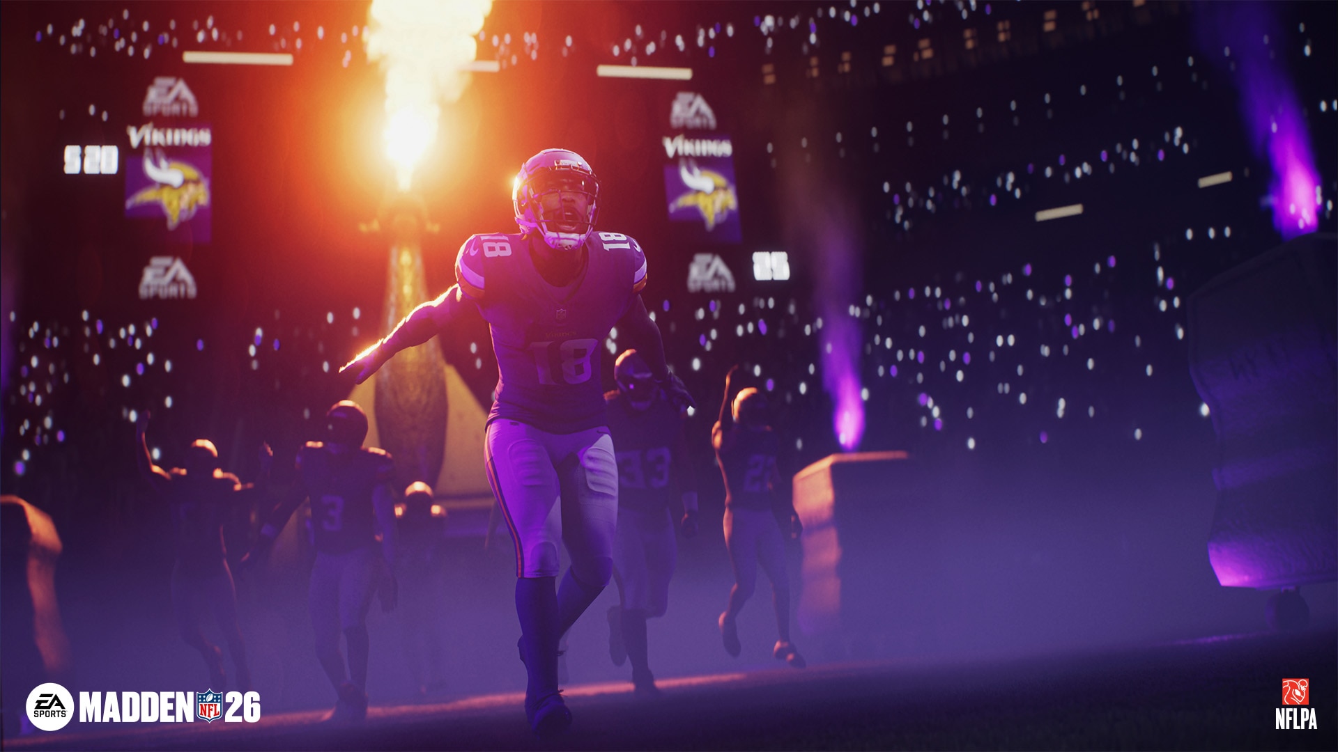Justin Jefferson from the Minnesota Vikings runs onto the field, surrounded by smoke and purple lighting in a stadium filled with cheering fans. Madden NFL 26 logo is visible.