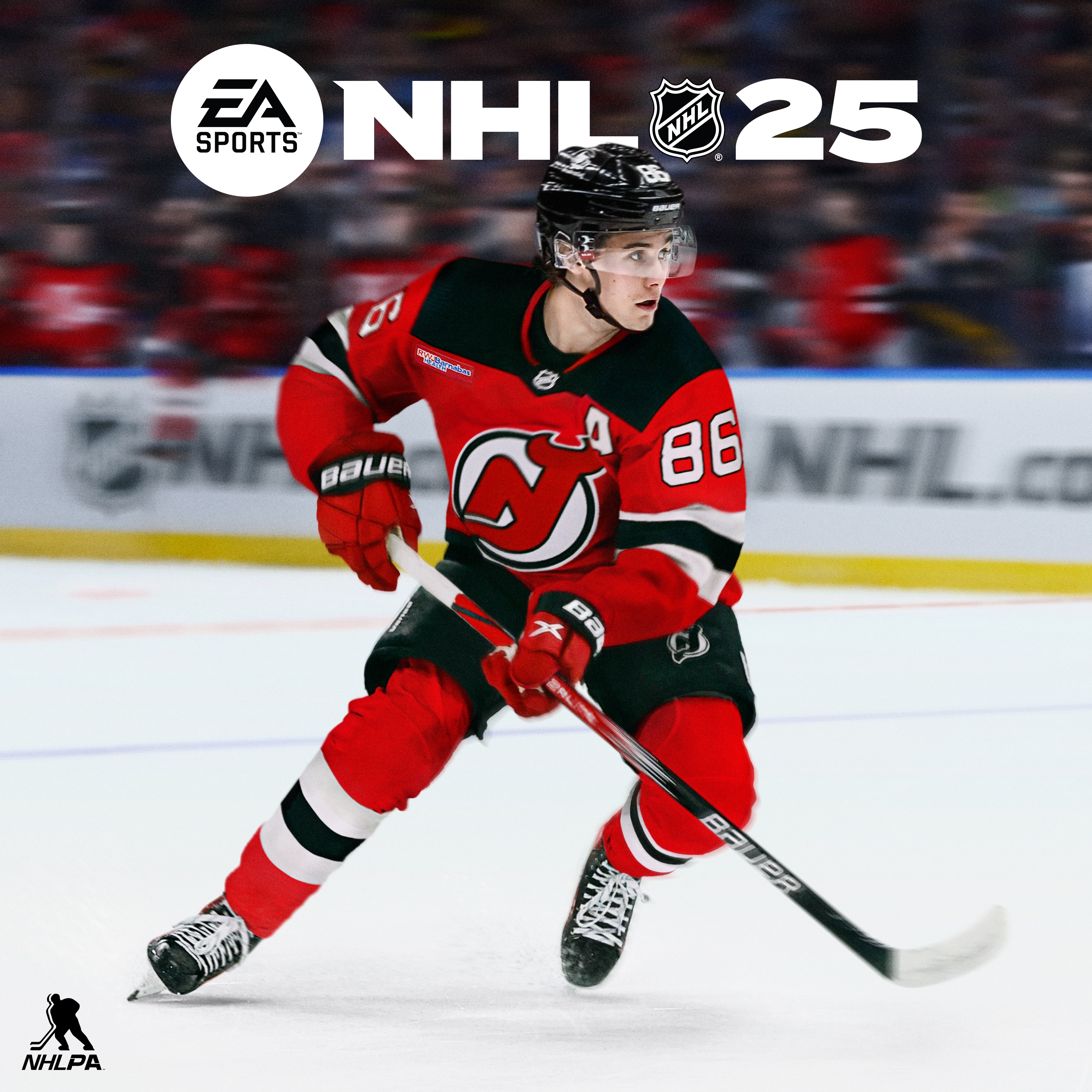 Image showing Jack Hughes and Quinn Hughes in real-life NHL action, with the EA SPORTS NHL 25 logo in white at the top and the NHLPA logo in black in the bottom left.