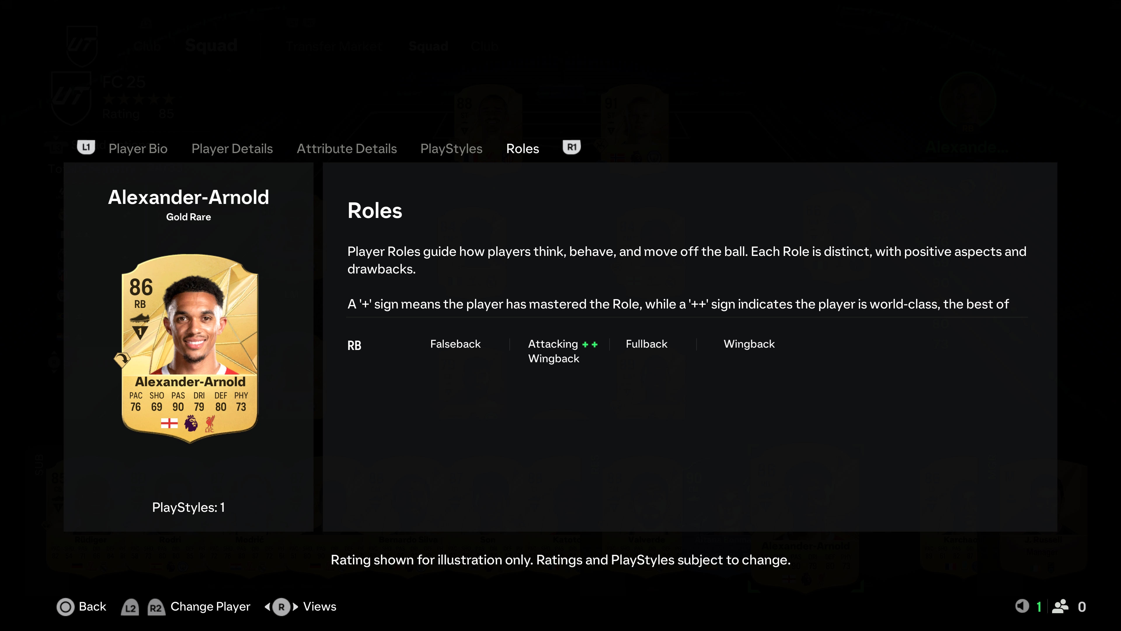 Een screenshot van een videogame met de spelerskaart van een zeldzame gouden voetballer met statistieken en rolinformatie.