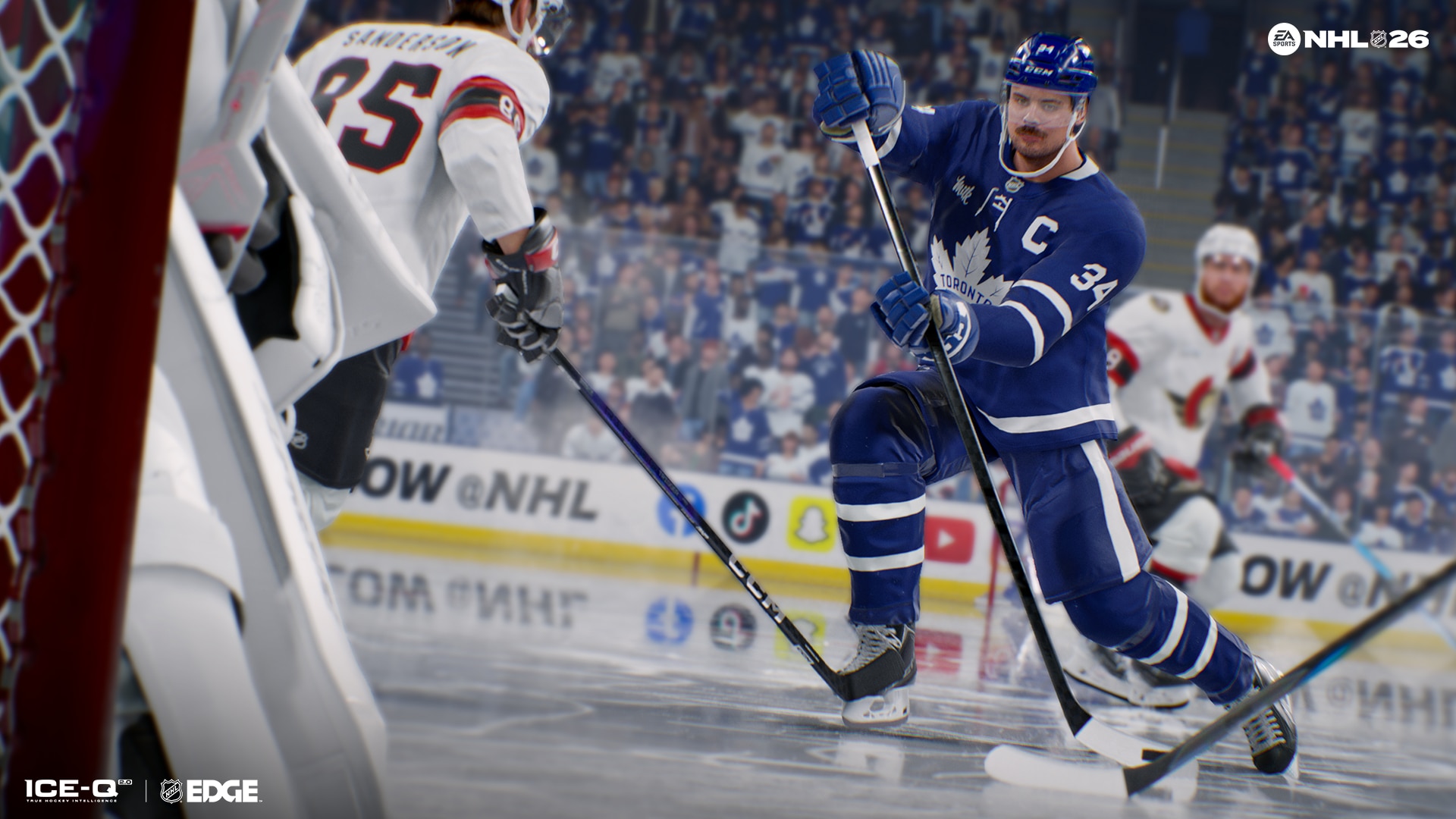 NHL 26 gameplay moment: Player Auston Matthews, in blue and white Maple Leafs uniform, crossing the puck on two Ottawa Senators defensemen.