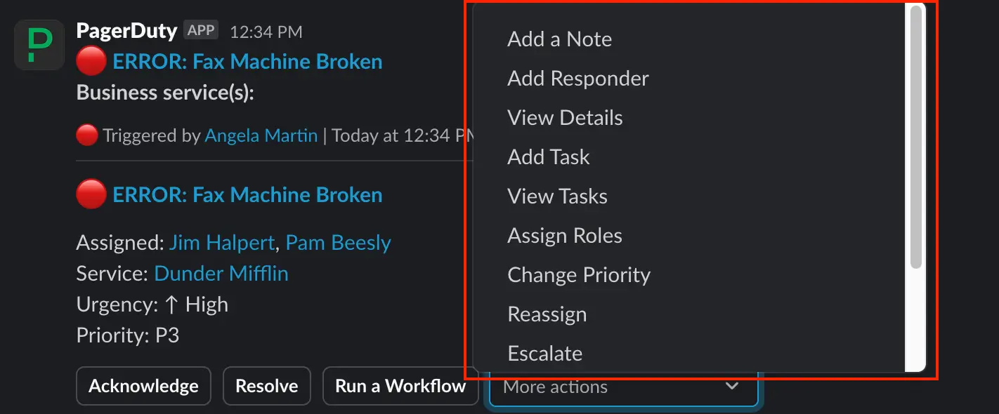 Incident actions in Slack