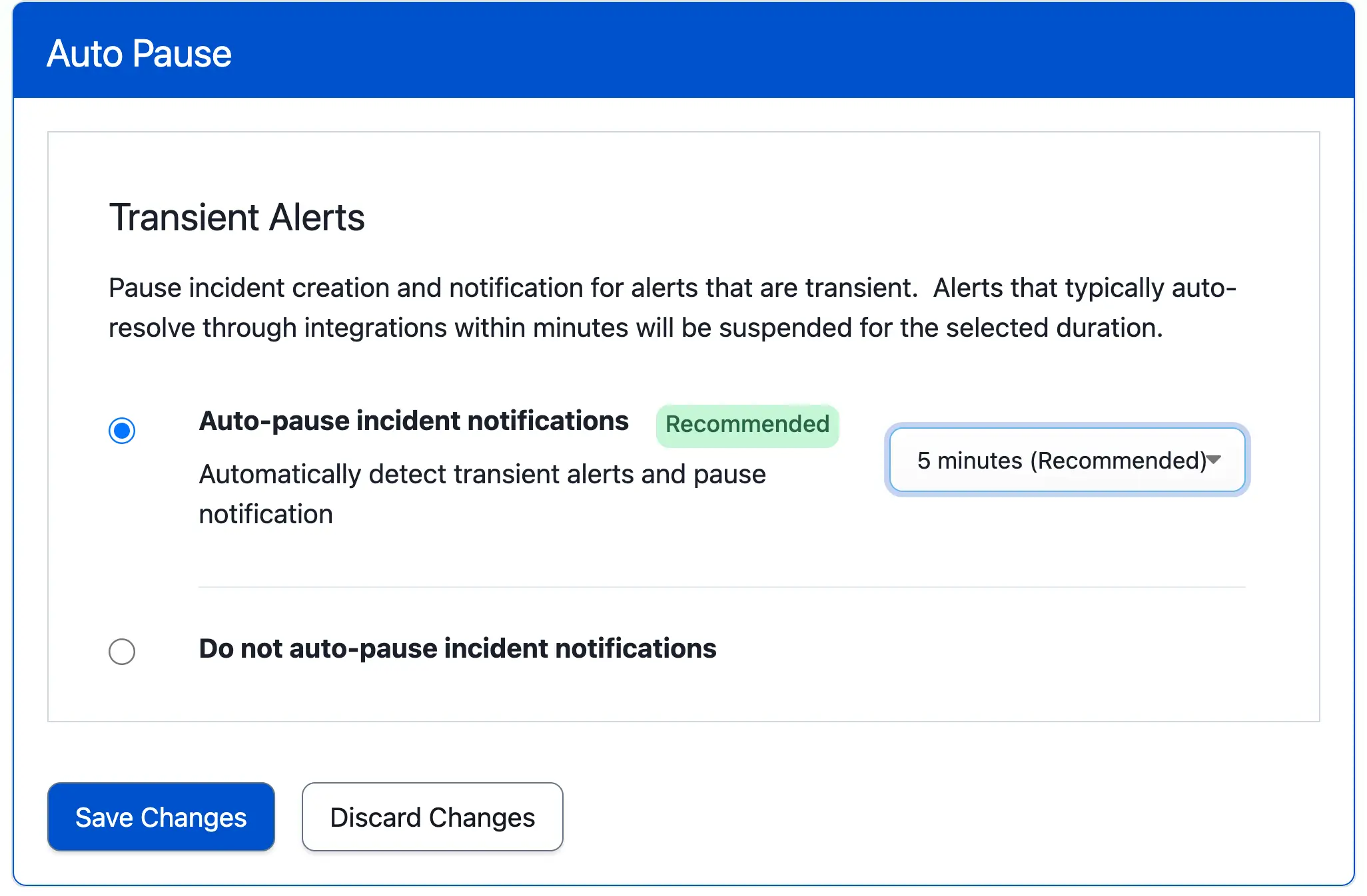Auto-pause incident notifications A screenshot of the PagerDuty web app showing auto-pause incident notifications settings