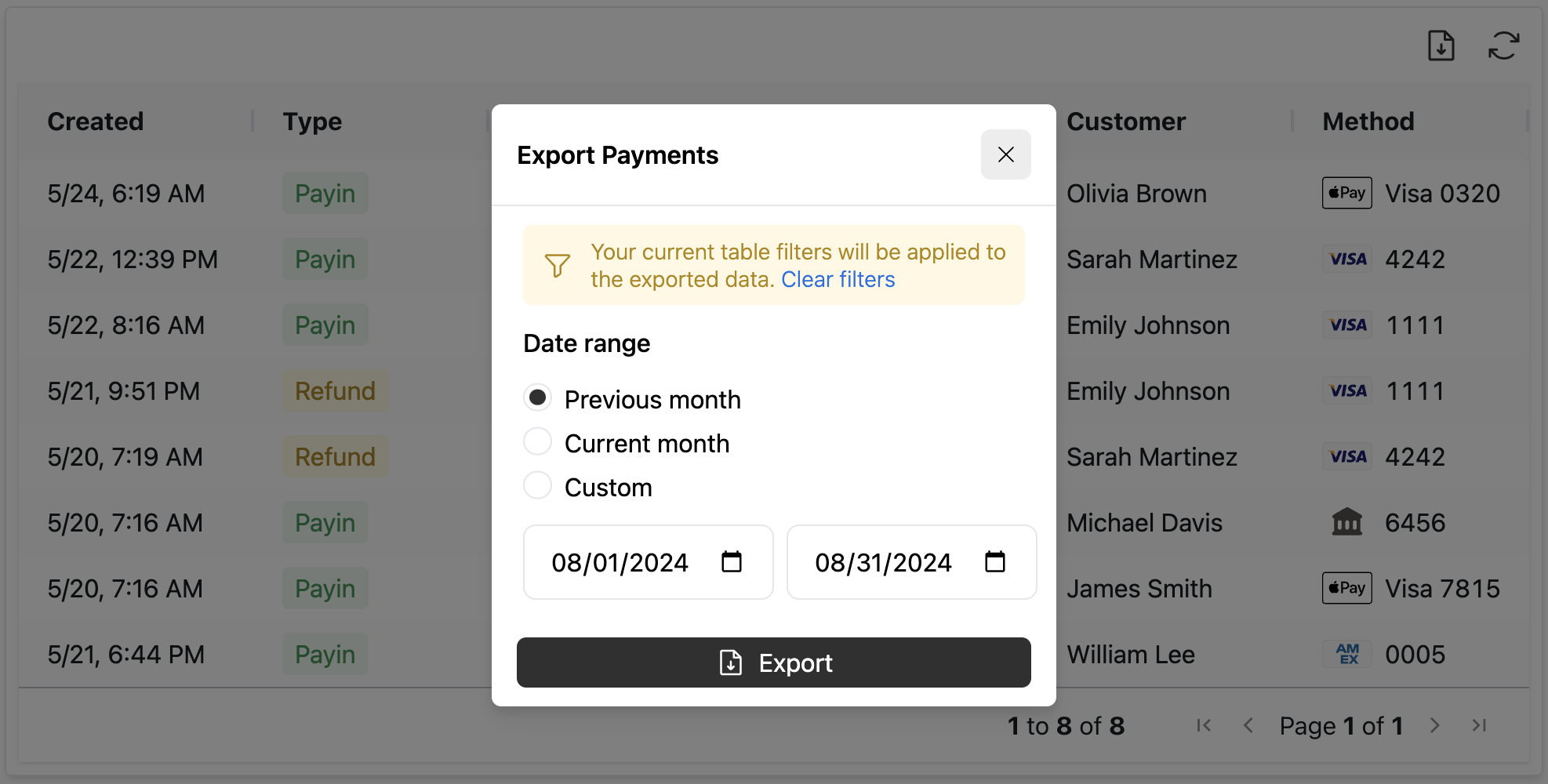 Any filters will be applied to the payment report export