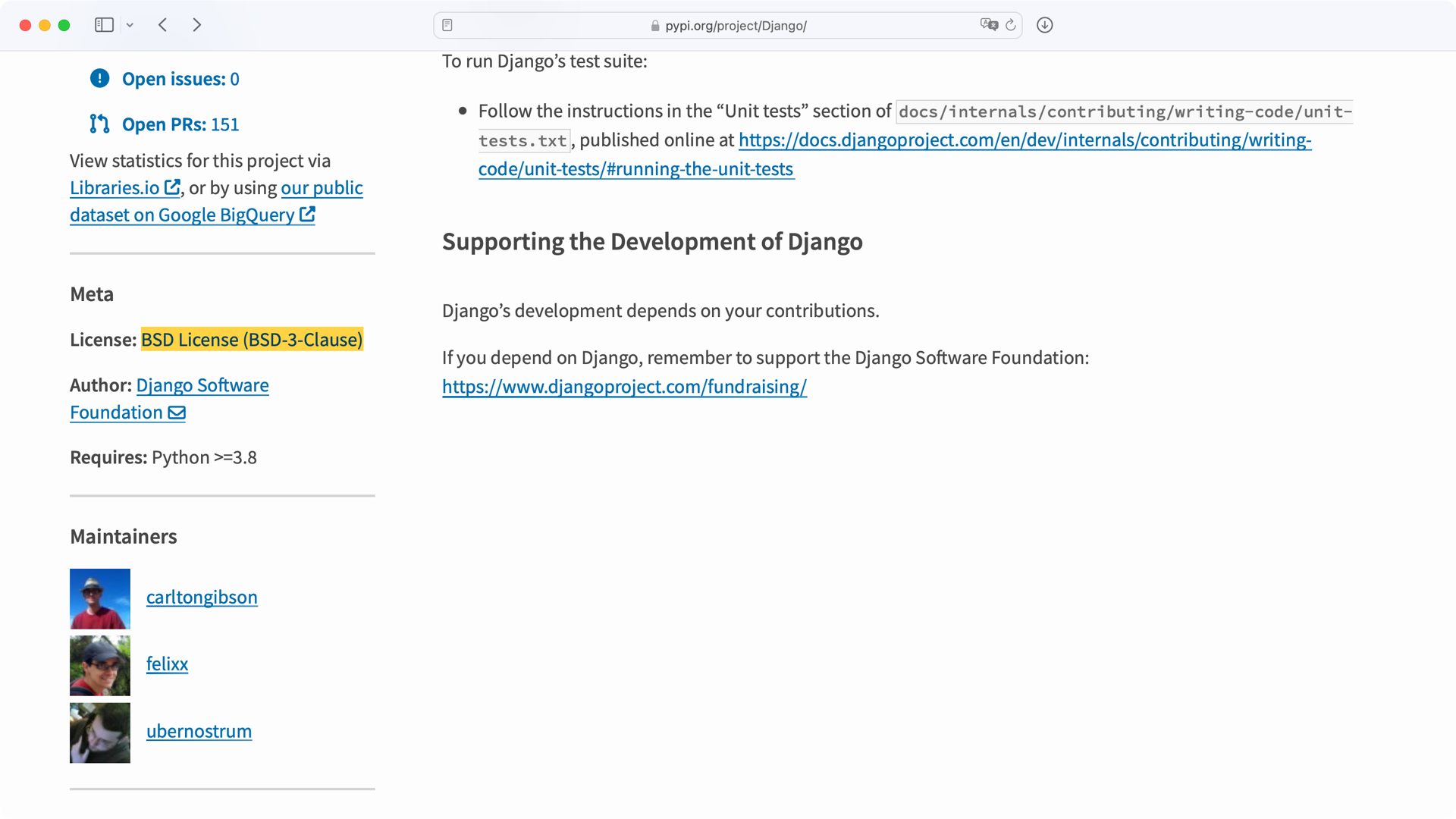 Screenshot of a Package's License Info on PyPI