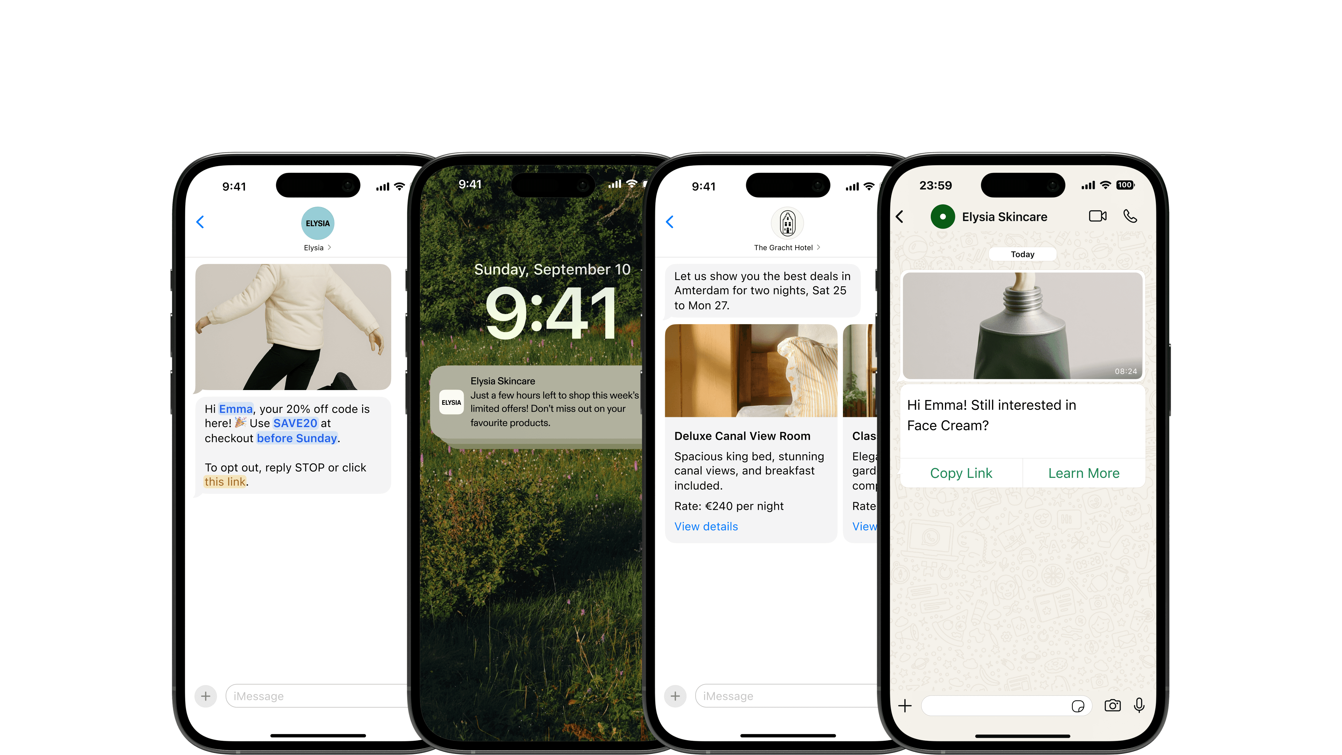 四部智能手机显示各种消息和通知,突出强调企业如何通过多个通信渠道随时随地接触其受众。