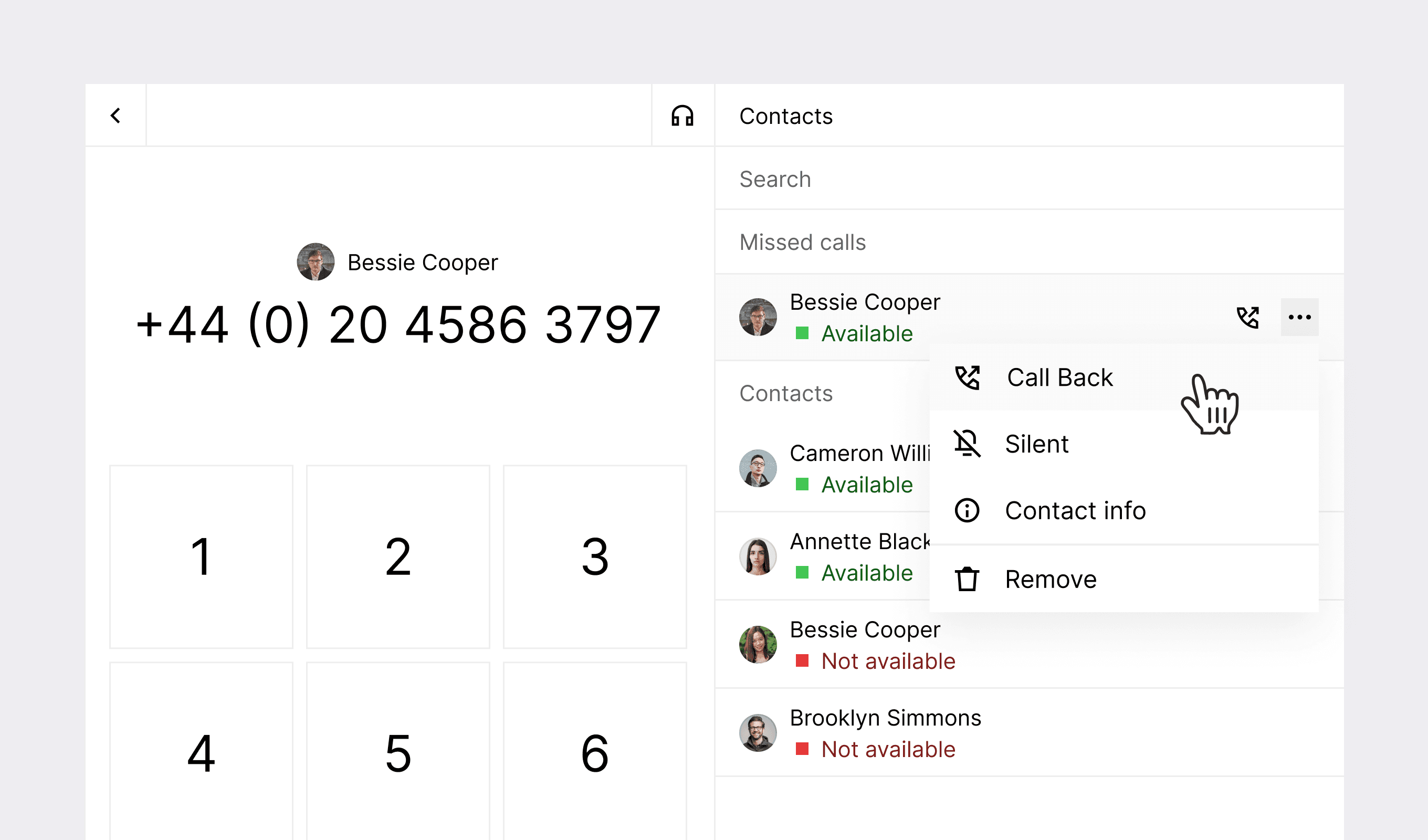 Smartphone interface showing a contact list with options for customer communication, including "Call Back," highlighting user interaction and contact management.