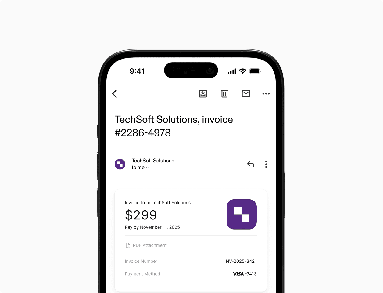 Smartphone showing an email from TechSoft Solutions, highlighting a focus on professional email marketing.