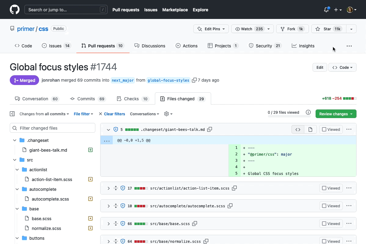 Animated gif of a customer using their keyboard to navigate a pull request, interactive UI elements receive a blue focus outline to show current location on the page. Key presses are shown in the bottom center of the image.