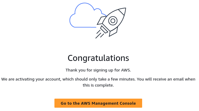 AWS sign up website - congratulations