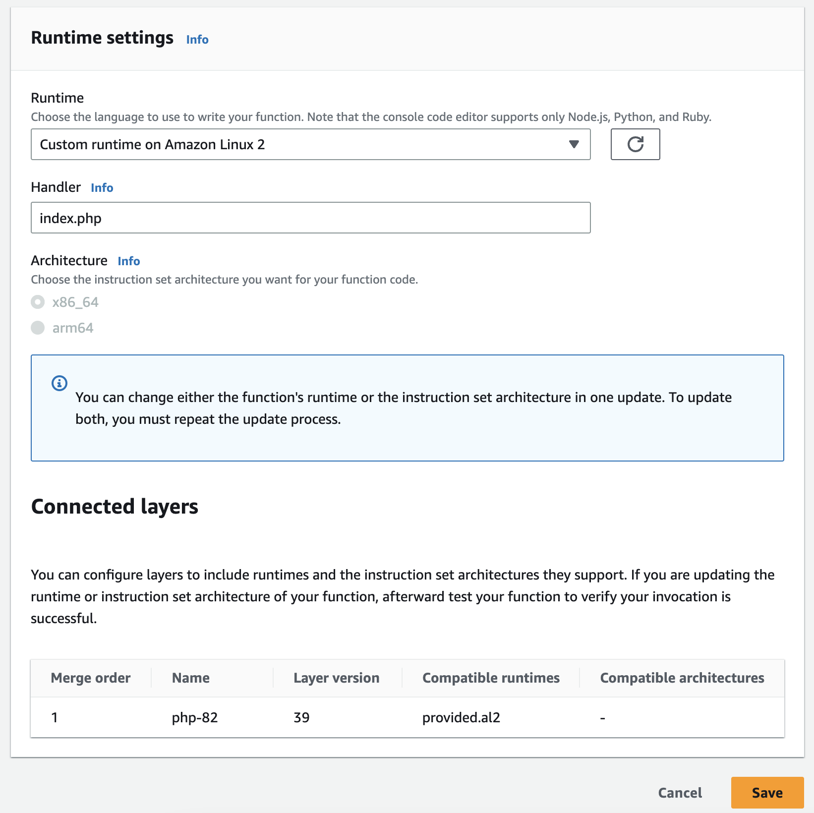 PHP Lambda Function Update Runtime Handler with index.php