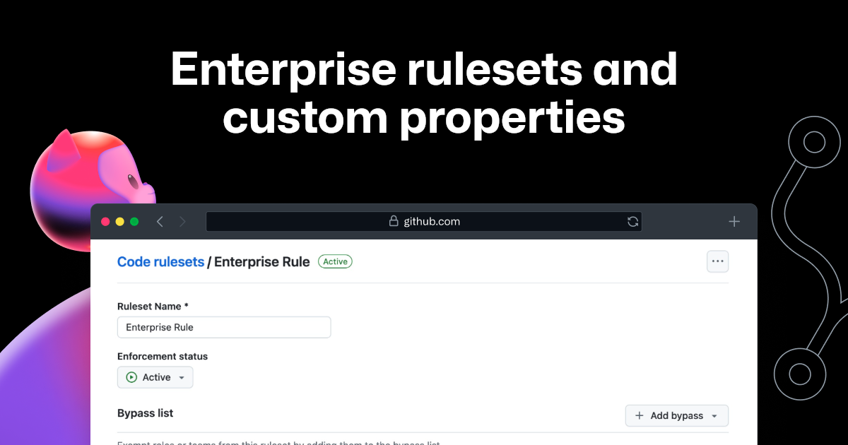 An image on a dark background with collaboration-themed colors, showcasing GitHub products. In the forefront, enterprise rulesets and custom properties are highlighted alongside a side angled profile of Mona the Octocat.