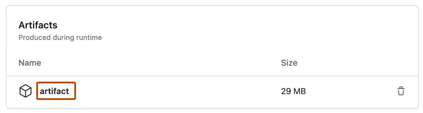 워크플로 실행의 "Artifacts" 섹션 스크린샷 실행에서 생성된 아티팩트 이름인 "아티팩트"가 주황색 윤곽선으로 표시됩니다.