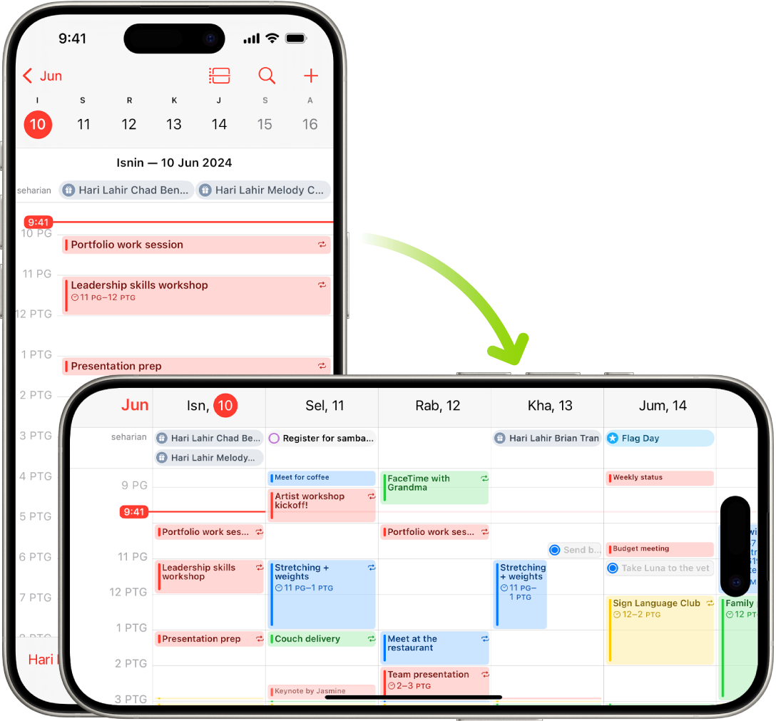 Dalam latar belakang, iPhone memaparkan skrin Kalendar, menunjukkan peristiwa satu hari dalam orientasi potret; dalam latar depan, iPhone diputarkan kepada orientasi landskap, yang menunjukkan peristiwa Kalendar untuk sepanjang minggu.