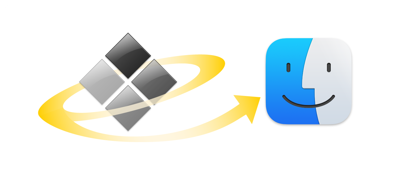 Ilustração mostrando uma seta ao redor de um ícone do Windows e apontando para o ícone do Finder.