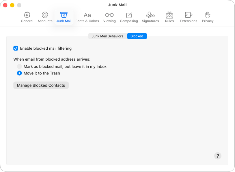 La sous-fenêtre Bloqués des réglages Mail. La case d’activation du filtrage des e-mails bloqués est cochée, de même que l’option permettant de déplacer les e-mails bloqués vers la corbeille.