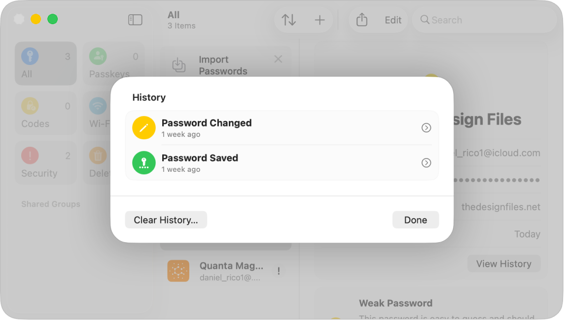 O histórico de alterações à palavra-passe da conta Home - The Design Files, a mostrar quando a palavra-passe foi originalmente guardada e quando foi alterada.