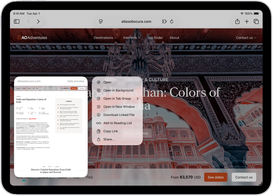 A preview for a website. To the right of the preview is a menu that shows the options, including Open, Open in Background, Open in New Window, and more.