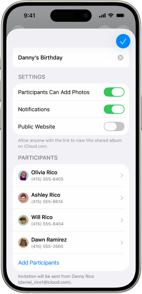 An iPhone screen showing a Shared Photos album and the people that album is shared with.