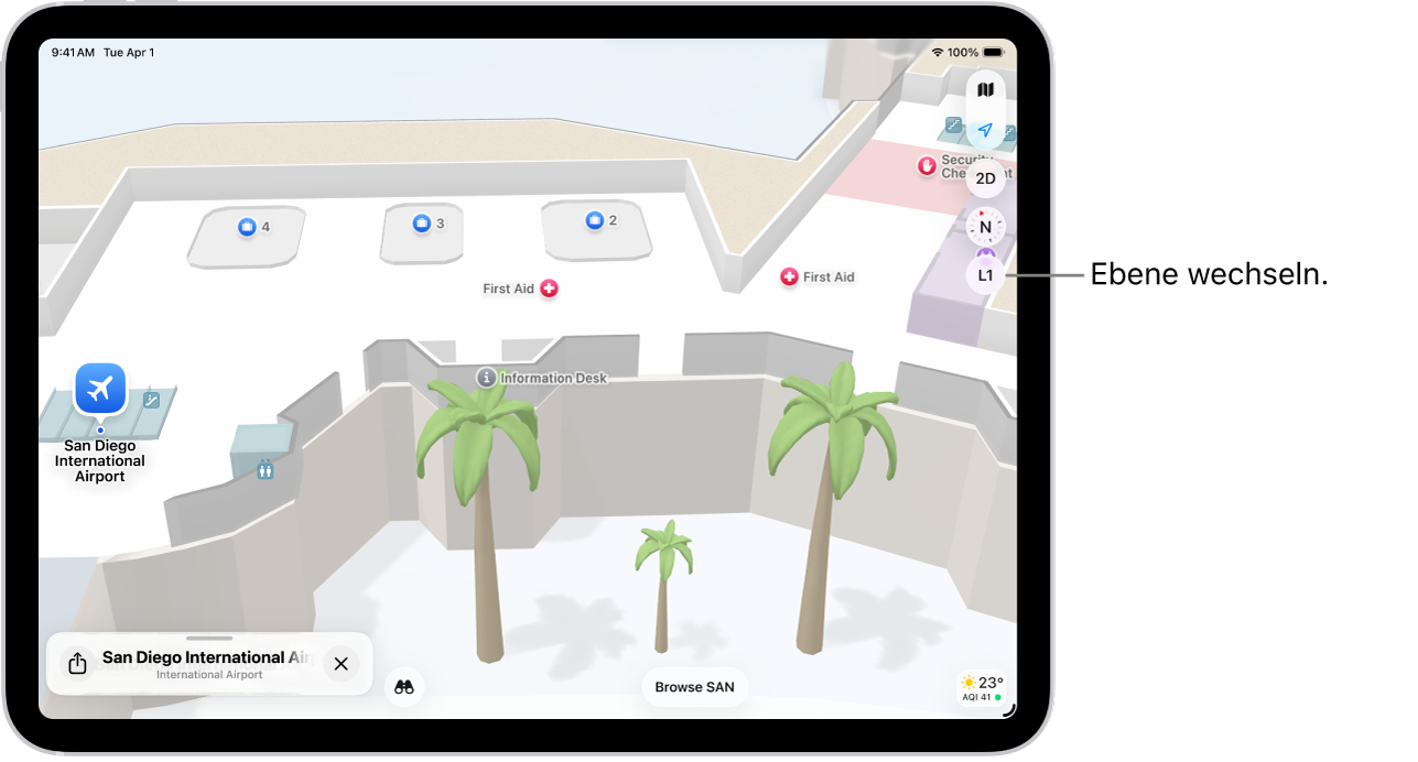 Eine Indoor-Karte eines Flughafenterminals. Die Karte zeigt einen Flugsteig, ein WC, einen Sicherheitskontrollpunkt und eine Erste Hilfe-Stationen. Du kannst die Stockwerke in mehrstöckigen Karten mit der Taste „L2“ (für Level 2 bzw. Etage 1) wechseln.