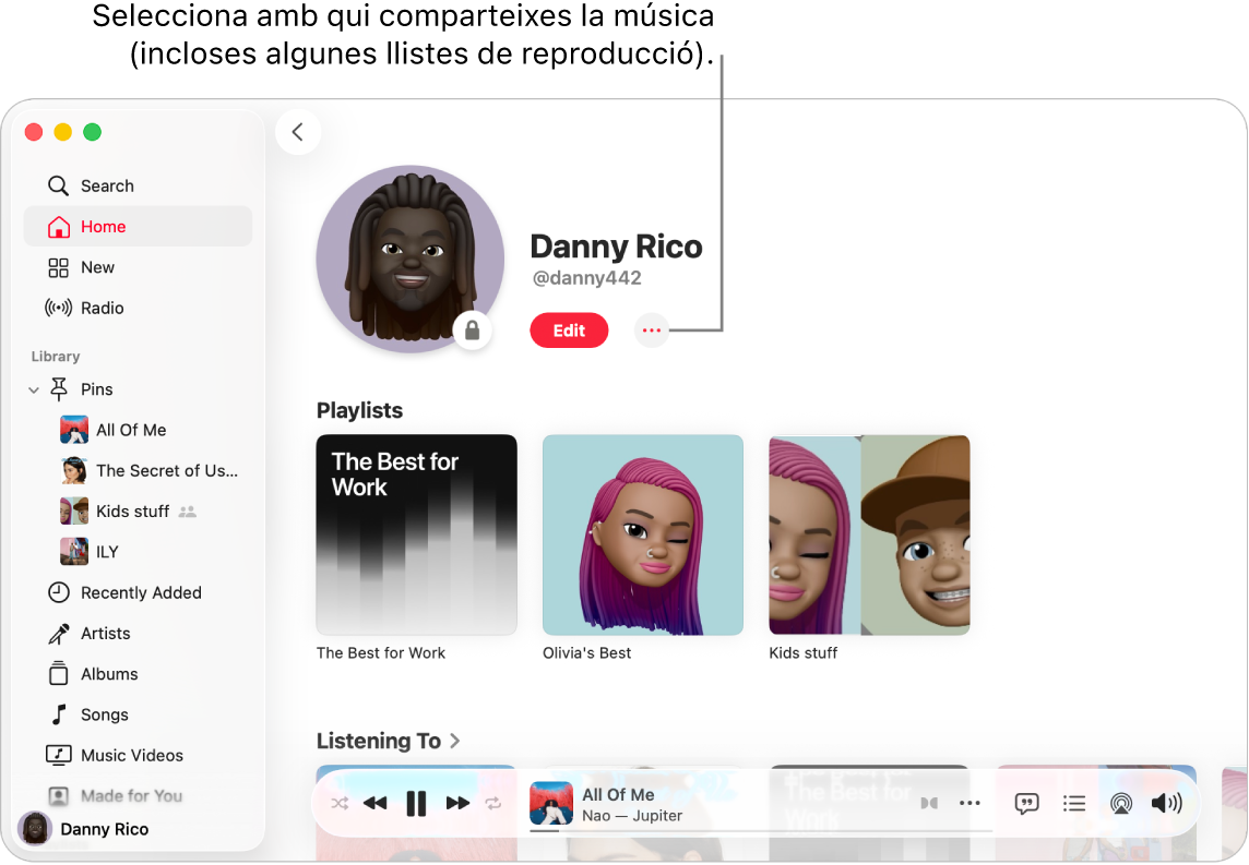 La pàgina de perfil de l’Apple Music: a la part superior de la finestra, fes clic al botó “Més” (a la dreta del botó “Edita”) per compartir la música.
