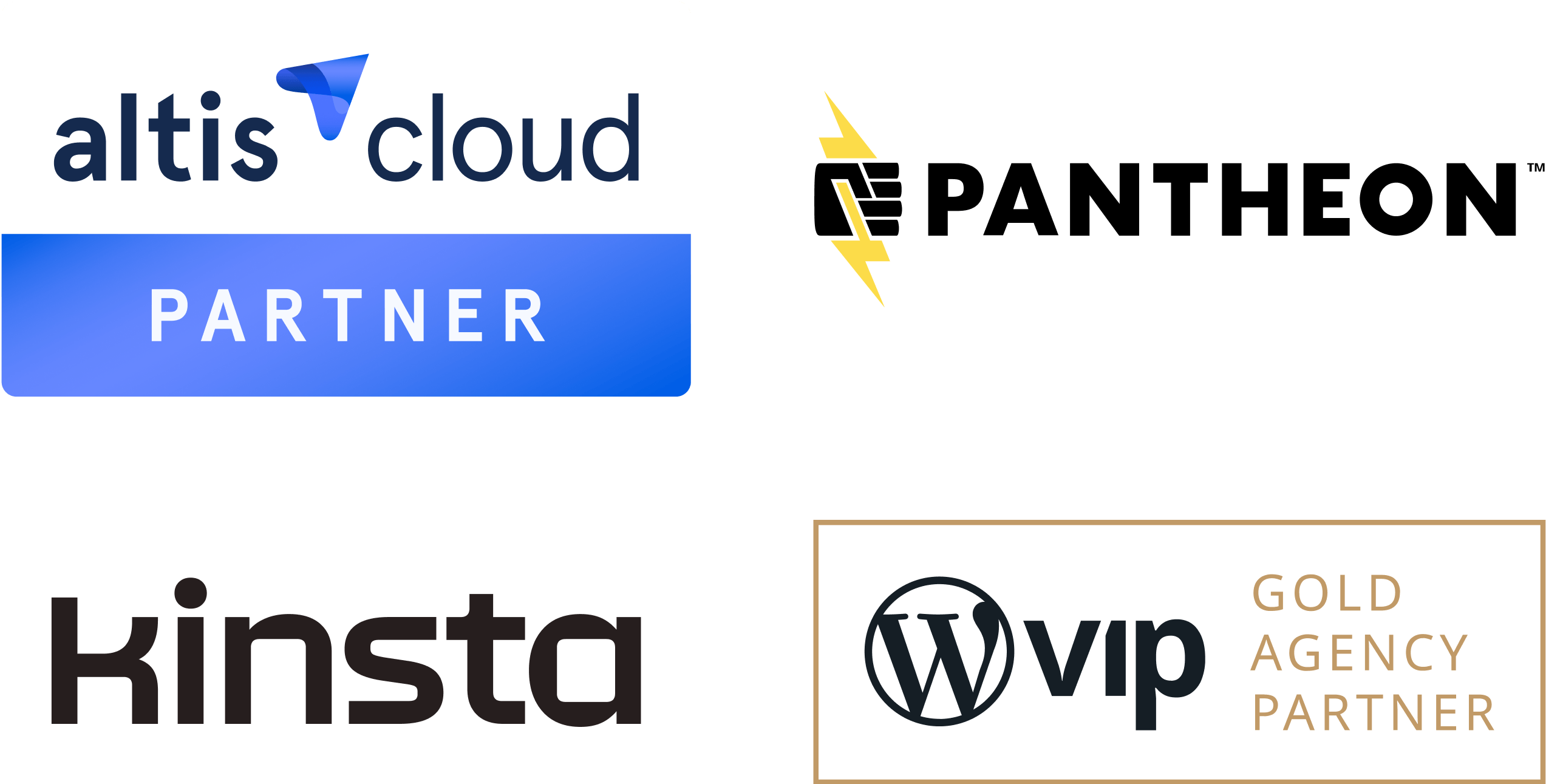 Altis Cloud Partner, Pantheon, Kinsta and VIP Gold Agency Partner badges
