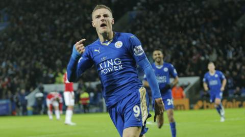 Jamie Vardy celebrates against Manchester United 
