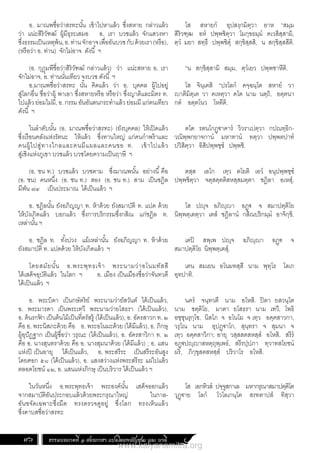 ธรรมบทภาคที่ ๑ สองภาษา แปลโดยพยัญชนะ และ บาลี
96
โส สหายกํ อุปสงฺกมิตฺวา อาห “สมฺม
สิริวฑฺฒ อหํ ปพฺพชิตฺวา โมกฺขธมฺมํ คเวสิสฺสามิ,
ตฺวํ มยา สทฺธึ ปพฺพชิตุํ สกฺขิสฺสสิ, น สกฺขิสฺสสีติ.
“น สกฺขิสฺสามิ สมฺม, ตฺวํเยว ปพฺพชาหีติ.
โส จินฺเตสิ “ปรโลกํ คจฺฉนฺโต สหายํ วา
าติมิตฺเต วา คเหตฺวา คโต นาม นตฺถิ, อตฺตนา
กตํ อตฺตโนว โหตีติ.
ตโต รตนโกฏฺ€าคารํ วิวราเปตฺวา กปณทฺธิก-
วณิพฺพกยาจกานํ มหาทานํ ทตฺวา ปพฺพตปาทํ
ปวิสิตฺวา อิสิปพฺพชฺชํ ปพฺพชิ.
ตสฺส เอโก เทฺว ตโยติ เอวํ อนุปพฺพชฺชํ
ปพฺพชิตฺวา จตุสตฺตติสหสฺสมตฺตา ชฏิลา อเหสุํ.
โส ปฺจ อภิฺา อฏฺ€ จ สมาปตฺติโย
นิพฺพตฺเตตฺวา เตสํ ชฏิลานํ กสิณปริกมฺมํ อาจิกฺขิ.
เตปิ สพฺเพ ปฺจ อภิฺา อฏฺ€ จ
สมาปตฺติโย นิพฺพตฺเตสุํ.
เตน สมเยน อโนมทสฺสี นาม พุทฺโธ โลเก
อุทปาทิ.
นครํ จนฺทวตี นาม อโหสิ. ปิตา ยสวนฺโต
นาม ขตฺติโย, มาตา ยโสธรา นาม เทวี, โพธิ
อชฺชุนรุกฺโข, นิสโภ จ อโนโม จ เทฺว อคฺคสาวกา,
วรุโณ นาม อุปฏฺ€าโก, สุนฺทรา จ สุมนา จ
เทฺว อคฺคสาวิกา; อายุ วสฺสสตสหสฺสํ อโหสิ, สรีรํ
อฏฺ€ปฺาสหตฺถุพฺเพธํ, สรีรปฺปภา ทฺวาทสโยชนํ
ผริ, ภิกฺขุสตสหสฺสํ ปริวาโร อโหสิ.
โส เอกทิวสํ ปจฺจูสกาเล มหากรุณาสมาปตฺติโต
วุฏฺ€าย โลกํ โวโลเกนฺโต สรทตาปสํ ทิสฺวา
อ. มาณพชื่อว่าสรทะนั้น เข้าไปหาแล้ว ซึ่งสหาย กล่าวแล้ว
ว่า แน่ะสิริวัฑฒ์ ผู้มีธุระเสมอ อ. เรา บวชแล้ว จักแสวงหา
ซึ่งธรรมเป็นเหตุพ้น,อ.ท่านจักอาจเพื่ออันบวชกับด้วยเรา(หรือ),
(หรือว่า อ. ท่าน) จักไม่อาจ ดังนี้ ฯ
(อ. กุฎุมพีชื่อว่าสิริวัฑฒ์ กล่าวแล้ว) ว่า แน่ะสหาย อ. เรา
จักไม่อาจ, อ. ท่านนั่นเทียว จงบวช ดังนี้ ฯ
อ.มาณพชื่อว่าสรทะ นั้น คิดแล้ว ว่า อ. บุคคล ผู้ไปอยู่
สู่โลกอื่น ชื่อว่าผู้ พาเอา ซึ่งสหายหรือ หรือว่า ซึ่งญาติและมิตร ท.
ไปแล้ว ย่อมไม่มี, อ. กรรม อันอันตนกระท�ำแล้ว ย่อมมี แก่ตนเทียว
ดังนี้ ฯ
ในล�ำดับนั้น (อ. มาณพชื่อว่าสรทะ) (ยังบุคคล) ให้เปิดแล้ว
ซึ่งเรือนคลังแห่งรัตนะ ให้แล้ว ซึ่งทานใหญ่ แก่คนก�ำพร้าและ
คนผู้ไปสู่ทางไกลและคนมีแผลและคนขอ ท. เข้าไปแล้ว
สู่เชิงแห่งภูเขา บวชแล้ว บวชโดยความเป็นฤาษี ฯ
(อ. ชน ท.) บวชแล้ว บวชตาม ซึ่งมาณพนั้น อย่างนี้คือ
(อ. ชน) คนหนึ่ง (อ. ชน ท.) สอง (อ. ชน ท.) สาม เป็นชฎิล
มีพัน ๗๔ เป็นประมาณ ได้เป็นแล้ว ฯ
อ. ชฎิลนั้น ยังอภิญญา ท. ห้าด้วย ยังสมาบัติ ท. แปด ด้วย
ให้บังเกิดแล้ว บอกแล้ว ซึ่งการบริกรรมซึ่งกสิณ แก่ชฎิล ท.
เหล่านั้น ฯ
อ. ชฎิล ท. ทั้งปวง แม้เหล่านั้น ยังอภิญญา ท. ห้าด้วย
ยังสมาบัติ ท. แปดด้วย ให้บังเกิดแล้ว ฯ
โดยสมัยนั้น อ.พระพุทธเจ้า พระนามว่าอโนมทัสสี
ได้เสด็จอุบัติแล้ว ในโลก ฯ อ. เมือง เป็นเมืองชื่อว่าจันทวดี
ได้เป็นแล้ว ฯ
อ. พระบิดา เป็นกษัตริย์ พระนามว่ายัสวันต์ ได้เป็นแล้ว,
อ. พระมารดา เป็นพระเทวี พระนามว่ายโสธรา (ได้เป็นแล้ว),
อ. ต้นรกฟ
้ า เป็นต้นไม้เป็นที่ตรัสรู้ (ได้เป็นแล้ว), อ. อัครสาวก ท. ๒
คือ อ. พระนิสภะด้วย คือ อ. พระอโนมะด้วย (ได้มีแล้ว), อ. ภิกษุ
ผู้อุปัฏฐาก เป็นผู้ชื่อว่า วรุณะ (ได้เป็นแล้ว), อ. อัครสาวิกา ท. ๒
คือ อ. นางสุนทราด้วย คือ อ. นางสุมนาด้วย (ได้มีแล้ว) ; อ. แสน
แห่งปี เป็นอายุ ได้เป็นแล้ว, อ. พระสรีระ เป็นสรีระอันสูง
โดยศอก ๕๘ (ได้เป็นแล้ว), อ. แสงสว่างแห่งพระสรีระ แผ่ไปแล้ว
ตลอดโยชน์ ๑๒, อ. แสนแห่งภิกษุ เป็นบริวาร ได้เป็นแล้ว ฯ
ในวันหนึ่ง อ.พระพุทธเจ้า พระองค์นั้น เสด็จออกแล้ว
จากสมาบัติอันประกอบแล้วด้วยพระกรุณาใหญ่ ในกาล-
อันขจัดเฉพาะซึ่งมืด ทรงตรวจดูอยู่ ซึ่งโลก ทรงเห็นแล้ว
ซึ่งดาบสชื่อว่าสรทะ
www.kalyanamitra.org
 