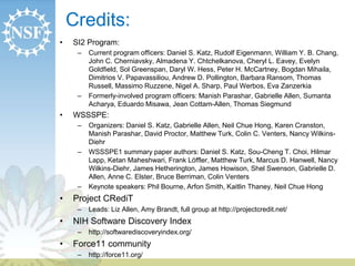 Credits:
• SI2 Program:
– Current program officers: Daniel S. Katz, Rudolf Eigenmann, William Y. B. Chang,
John C. Cherniavsky, Almadena Y. Chtchelkanova, Cheryl L. Eavey, Evelyn
Goldfield, Sol Greenspan, Daryl W. Hess, Peter H. McCartney, Bogdan Mihaila,
Dimitrios V. Papavassiliou, Andrew D. Pollington, Barbara Ransom, Thomas
Russell, Massimo Ruzzene, Nigel A. Sharp, Paul Werbos, Eva Zanzerkia
– Formerly-involved program officers: Manish Parashar, Gabrielle Allen, Sumanta
Acharya, Eduardo Misawa, Jean Cottam-Allen, Thomas Siegmund
• WSSSPE:
– Organizers: Daniel S. Katz, Gabrielle Allen, Neil Chue Hong, Karen Cranston,
Manish Parashar, David Proctor, Matthew Turk, Colin C. Venters, Nancy Wilkins-
Diehr
– WSSSPE1 summary paper authors: Daniel S. Katz, Sou-Cheng T. Choi, Hilmar
Lapp, Ketan Maheshwari, Frank Löffler, Matthew Turk, Marcus D. Hanwell, Nancy
Wilkins-Diehr, James Hetherington, James Howison, Shel Swenson, Gabrielle D.
Allen, Anne C. Elster, Bruce Berriman, Colin Venters
– Keynote speakers: Phil Bourne, Arfon Smith, Kaitlin Thaney, Neil Chue Hong
• Project CRediT
– Leads: Liz Allen, Amy Brandt, full group at http://projectcredit.net/
• NIH Software Discovery Index
– http://softwarediscoveryindex.org/
• Force11 community
– http://force11.org/
 