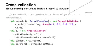 Cross-validation
because saving a test set is effort & a reason to integrate
// ParamGridBuilder constructs an Array of parameter
combinations.
val paramGrid: Array[ParamMap] = new ParamGridBuilder()
.addGrid(nb.smoothing, Array(0.1, 0.5, 1.0, 2.0))
.build()
val cv = new CrossValidator()
.setEstimator(pipeline)
.setEstimatorParamMaps(paramGrid)
val cvModel = cv.fit(df)
val bestModel = cvModel.bestModel
Jonathan Kotta
 